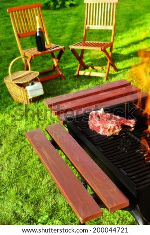 Summer BBQ Party or Picnic scene. Steak on the grill, two chair, picnic basket and wine bottle in the blurred background. You can see more Picnic, Party and BBQ scene in my set.