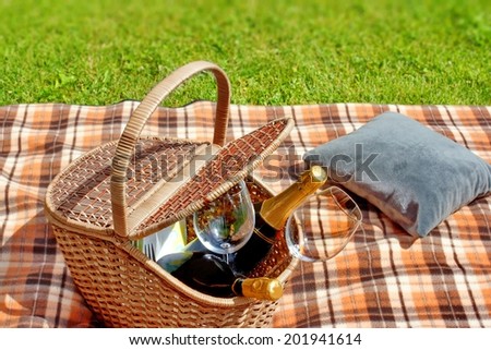 Summer Picnic on Lawn Scene. Basket with wine and wineglass on the blanket.