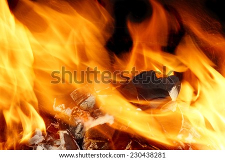 Abstract Bright Fire Flames Background. Charcoal Burning in BBQ pit