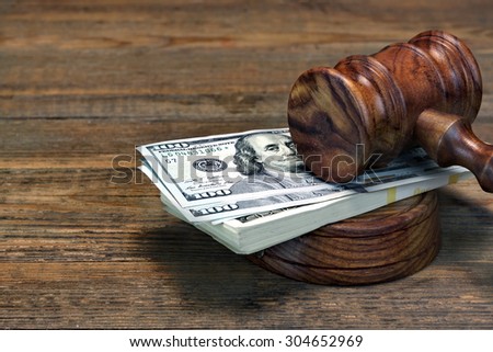 Close-up Of Judges Gavel, Soundboard And Bundle Of Dollar Cash On The Rough Wooden Table. Concept For Corruption, Bankruptcy Court, Bail, Business Or Financial Crime, Bribing, Fraud, Auction Bidding
