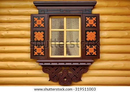 Yellow Log Cabin Wall With One Ornamental Window,  Wooden Architecture Background