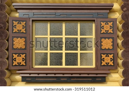 Yellow Log Cabin Wall With One Ornamental Window,  Wooden Architecture Background