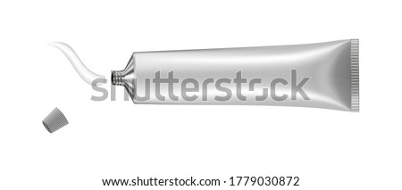 Vector illustration of cream or toothpaste tube. Ointment. Salve. Glue tube. White oil paint smear. Cosmetic product. 3d mockup. Silver tube. Cream container