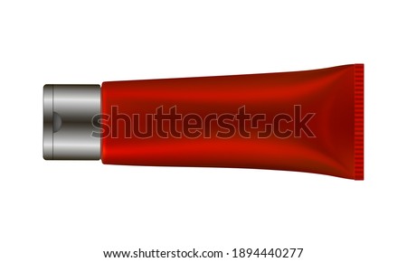 3d illustration of metallic red tube. Ointment or salve. Lotion, scrub or cream tube. Toothpaste. Vector mockup. Black cap. Cosmetic mask Сток-фото © 