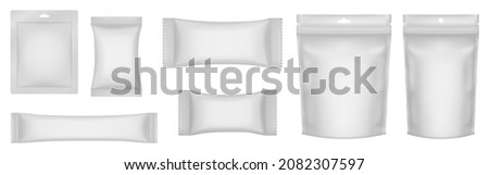 Set of realistic pouch mockups. White flow pack, sugar stick, sachet, zip bag and doypack. Ice cream wrapper. Sheet mask sachet. Soap or wet wipes packaging.