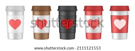 Valentine's day. Set of paper coffee cups with cupholders. Coffee to go. Take away. White paper cups, blank brown container with lid for latte, mocha or cappuccino drinks. Carton cup holder with heart