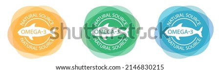 Set of Omega-3 natural source stamps. Logo or label. Fish icon. Healthy fat. Vitamins. Fish oil	