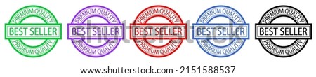 Set of round Best seller premium quality stamps. Label or seal. Product quality logo. Bestseller cachet. Round print. Top seller. Red, blue, purple, black and green.