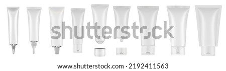 Set of white tubes and bottles. Roller ball tube. Open and closed blank tubes with screw cap. Realistic mockup. Long nozzle tube. Ointment or salve. Gel serum. Korean packaging