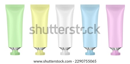 Set of multicolored tubes. 3d mockup. Green, blue, pink, yellow and white colors. Hand cream