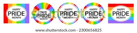 Happy pride month. Set of rainbow icons. Love is love, rainbow flag, lgbt pride. June 2023. Heart-shaped and round logos. Human rights and tolerance