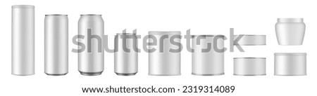 Set of white tin cans and jars. Coffee or tea canister. Tin can for preserves or pet food. Beer, cocktail or soda can. Chips tube. Cookie jar. Round box for sugar or flour