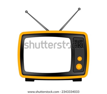 Yellow retro TV with antenna. Vintage television set. Old device. Transparent mockup of a screen	