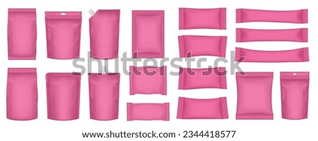 Set of realistic pouch mockups. Pink flow pack, sachet, zip bag and doypack. Ice cream wrapper. Sheet mask sachet. Soap or wet wipes packaging. Sugar stick