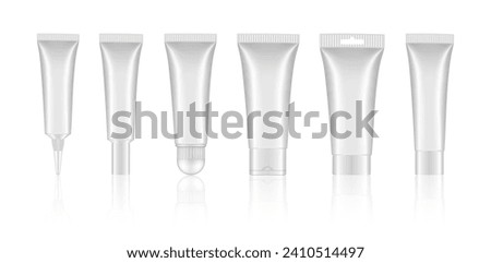 Set of white cosmetic tubes. Closed blank tubes with caps. Realistic mockup. Long nozzle tube. for ointment or salve. Gel serum. Korean packaging. Lip gloss