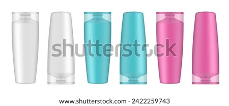 Set of white, pink and blue shampoo and conditioner bottles. Realistic mockup. Korean packaging. Lotion or shower gel. Hair treatment, mask. Cosmetic bottle with transparent cap standing upside down