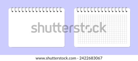 Mockup of a notebook with spiral. Shiny metal binder clip. Mockup of a small book, diary, notepad. Copybook with gridded notepaper. White sheets of paper with black grid pattern