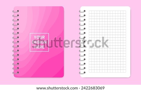 Mockup of a notebook with spiral. Shiny metal binder clip. Mockup of a small book, diary, notepad. Copybook with gridded notepaper. White sheets of paper with grid pattern. Pink abstract cover design