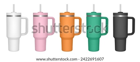 Thermo cup with handle and straw. 3d mockup of a travel thermos. Set of white, pink, orange, green and black mugs. Tumbler template