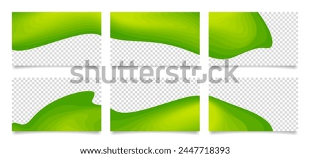 Set of green presentation slides. Abstract business card templates with transparent space. Backgrounds with sharp wavy lines and gradient transition, dynamic fluid shape.