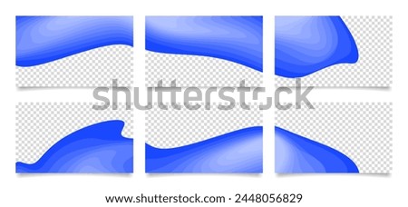 Set of blue presentation slides. Abstract business card templates with transparent space. Backgrounds with sharp wavy lines and gradient transition, dynamic fluid shape.