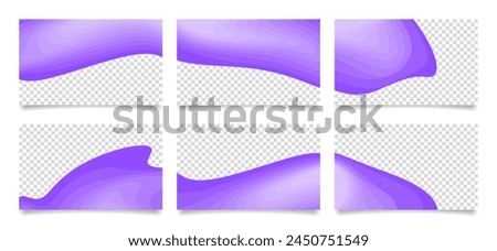 Set of violet presentation slides. Abstract business card templates with transparent space. Backgrounds with sharp wavy lines and gradient transition, dynamic fluid shape.