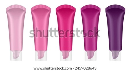 Set of lip gloss tubed. Lip, eye cream, serum. Cosmetic product container mockup. Pink, magenta, cherry and purple bottles with transparent cap