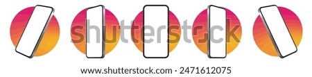 Mockup of a phone screen. Social media promotion. Advertising on a smartphone display. Device front view. 3D mobile phone. Cell phone. Pink and orange round frames.