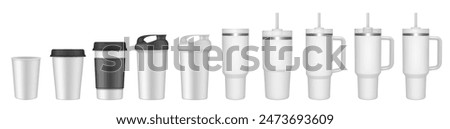 Thermo cup with handle and straw. 20, 30, 40 oz. Travel thermos. Set of white mugs. Tumbler. Sport shaker,. Paper cup with plastic lid and cupholder