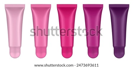 Set of lip gloss tubed. Lip, eye cream, serum. Cosmetic product container mockup. Pink, magenta, cherry and purple bottles with round cap