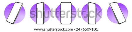 Mockup of a phone screen. Social media promotion. Advertising on a smartphone display. Device front view. 3D mobile phone. Cell phone. Purple round frames.	