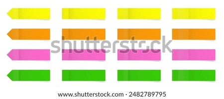 Set of long thin paper stickers. Pointed bookmarks. Stick in notes. pink, yellow, orange and green colors. Multicolor post it notes. Sheets of paper. Tag, sticky note.