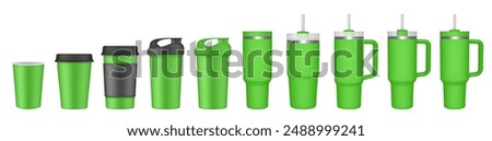 Thermo cup with handle and straw. 20, 30, 40 oz. Travel thermos. Set of neon green mugs. Tumbler. Sport shaker,. Paper cup with plastic lid and cupholder	