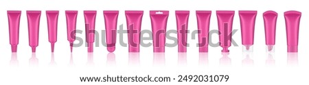 Set of pink cosmetic tubes. Closed blank tubes with caps. Realistic mockup. Long nozzle tube. for ointment or salve. Gel serum. Korean packaging. Lip gloss. Toothpaste. Hand cream	
