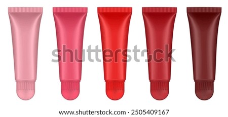 Set of lip gloss tubed. Lip, eye cream, serum. Cosmetic product container mockup. Pink, red, marsala and brown bottles with round cap