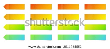 Set of long thin paper stickers. Pointed bookmarks. Stick in notes. Yellow, green, orange, red and blue gradient colors. Multicolor post it notes. Sheets of paper. Tag, sticky note.	