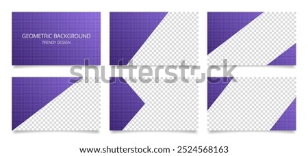 Set of purple presentation slides. Abstract business card templates with transparent space. Background with gridded texture, trendy geometric pattern	