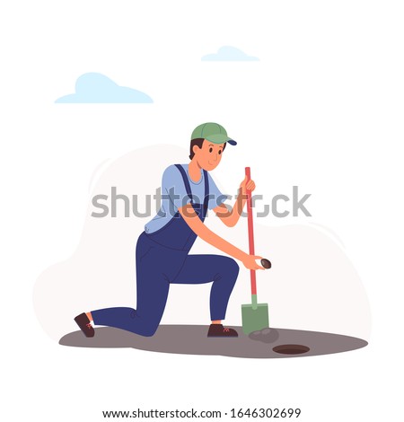 worker sows a seed in the ground. A man dug a hole in the garden with a shovel and bent to plant a plant. A guy in a blue jumpsuit and green cap cultivates seedlings. Vector flat illustration isolated
