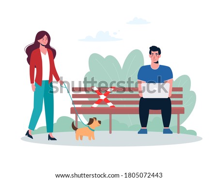 A woman walks a dog. A man works on a laptop on a bench. People keep their distance in the park. A socially safe distance between people so as not to spread the coronavirus COVID-19. Flat Vector