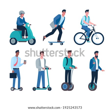 men ride modern electric scooters, skateboards, gyroboards, bicycles, mopeds. Eco friendly alternative vehicles set. Vector boys
in flat style