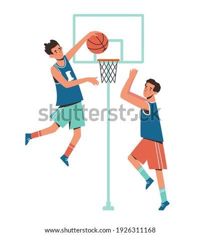 Men are playing basketball. Flat design concept with guys who go in for sports playing ball. Vector illustrations of athletes on a white background