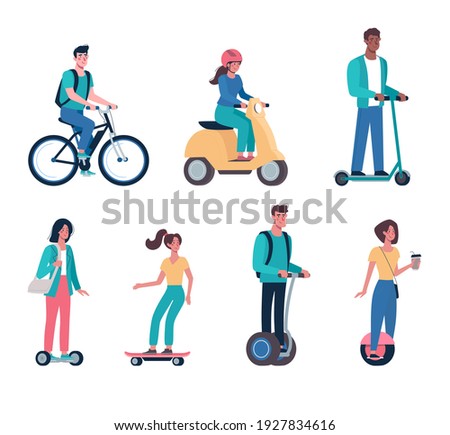 men and women ride modern electric scooters, hoverboards, skateboards, segways, bicycles, mopeds. Eco friendly alternative vehicles set. Vector people
in flat style