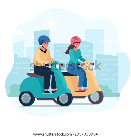 A couple  ride modern mopeds, wearing helmets. Vector, flat style. Alternative environmentally friendly transport, healthy lifestyle. Woman and man, friends on motorcycles.