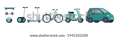 
Vector set of electric environmentally friendly alternative vehicles. Modern electric scooter, gyro board, skateboard, bicycle, moped, car. Transport of green color on a white background