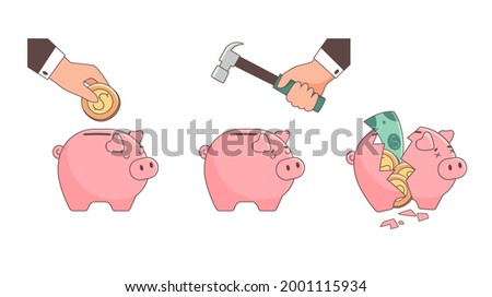 Piggy bank, vector illustration set. The piggy bank is filled with money, smashed, it is broken, there is a coins inside. Flat style. Isolated icons of finance against white background