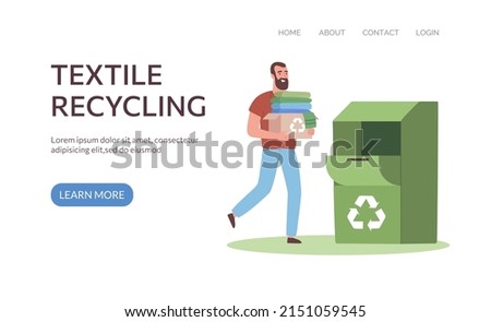 Web template Recycling textile.
A male volunteer carries a box of old clothes to be recycled. Reuse clothes, eco fashion, zero waste. Flat vector illustration Foto stock © 