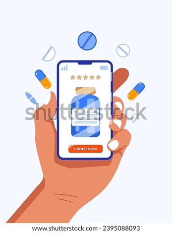 Mobile Meds Marketplace: Order, Diagnosis, and Expert Consultation via Smartphone. Online pharmacy concept. Hand holding pharmacy app with medical rate of medicine