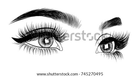 Hand-drawn woman's fresh makeup look with perfectly perfectly shaped eyebrows and extra full lashes. Idea for business visit card, typography vector.Perfect salon look