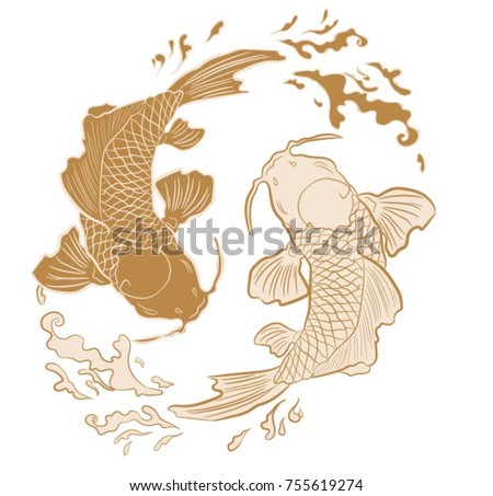 Realistic Detailed Hand Drawn Illustration Of Two Koi Carps Swimming On Background Water Waves