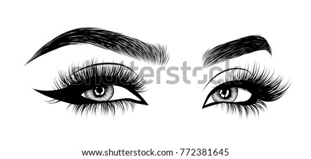 Hand-drawn woman's eyes with perfectly shaped eyebrows and full lashes with intense smoky make-up. Idea for business visit card, typography vector